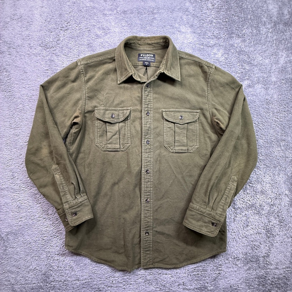 Filson Moleskin Shirt Mens M Olive Green Long Sleeve Button Up Flannel